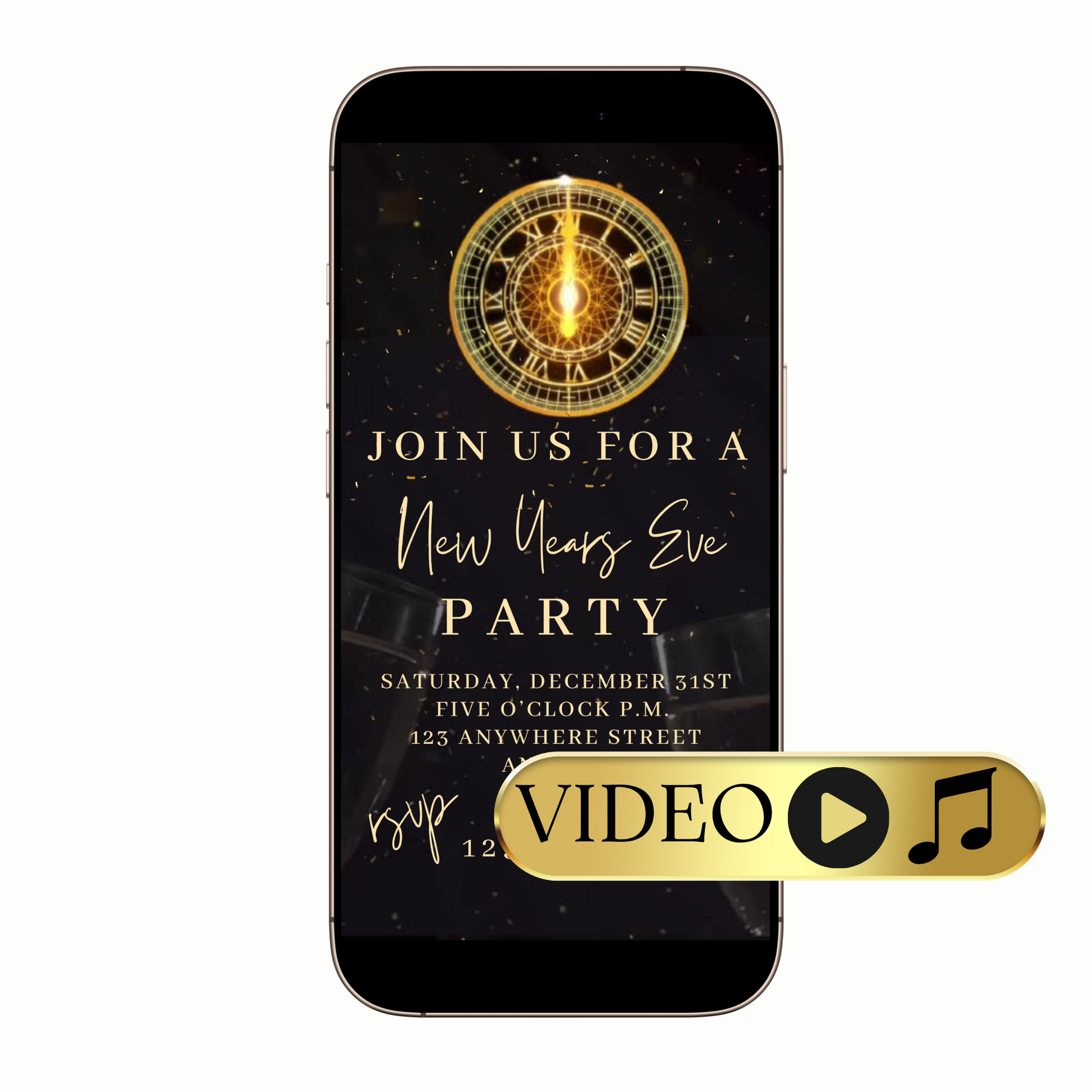 Digital gold black glitter clock video invitation