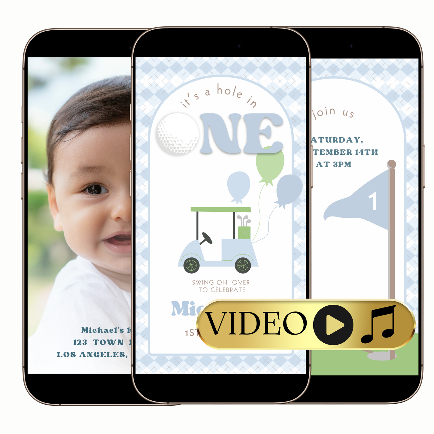 Hole in one golf video invitation digital template