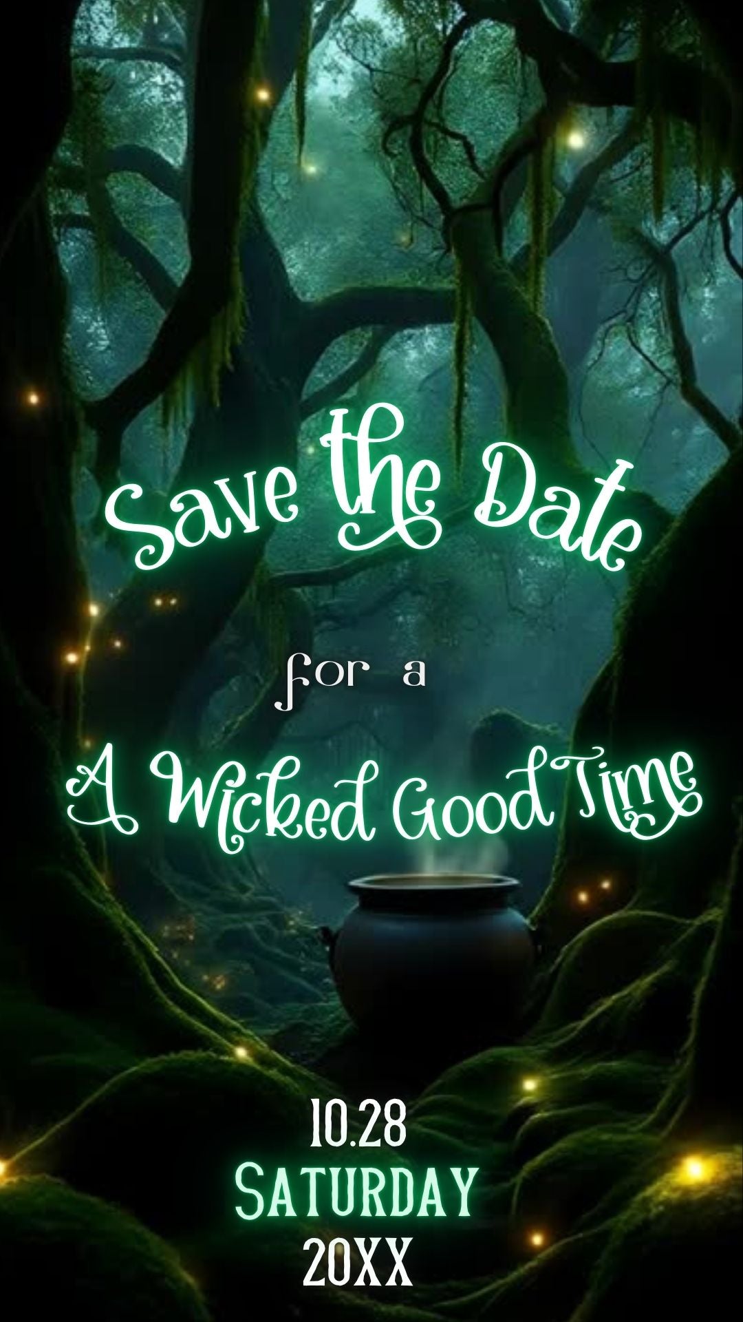 Editable abracadabra halloween party party video invitation displayed on a mobile phone, featuring an animated vertical digital invite with music, created in Canva. This premium video invitation template is designed for sharing by text, email, and social media and works with an interactive RSVP website for easy guest response tracking.