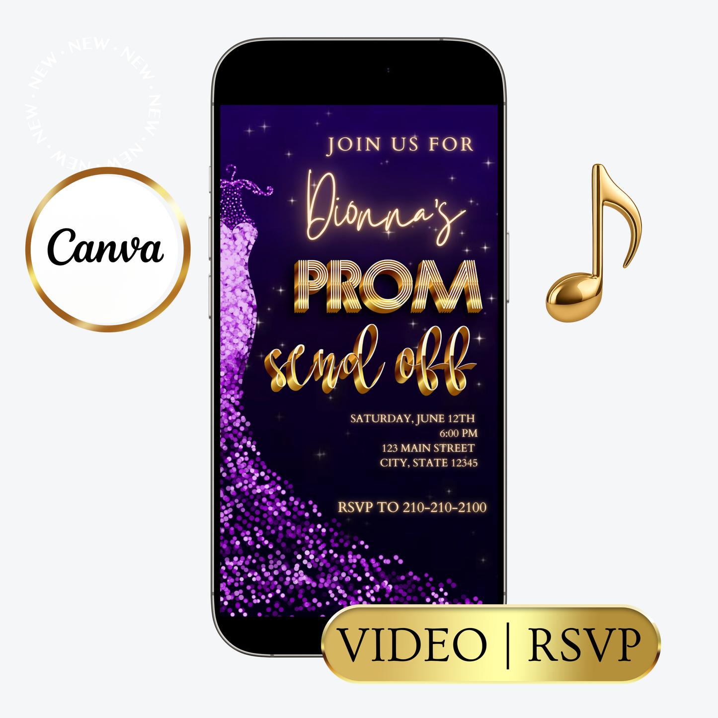 Editable purple gold glam prom send off video invitation displayed on a mobile phone, featuring an animated vertical digital invite with music, created in Canva. This premium video invitation template is designed for sharing by text, email, and social media and works with an interactive RSVP website for easy guest response tracking.