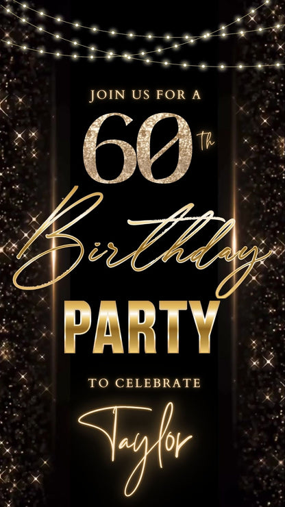 Editable black gold elegant 60th birthday birthday video invitation displayed on a mobile phone, featuring an animated vertical digital invite with music, created in Canva. This premium video invitation template is designed for sharing by text, email, and social media and works with an interactive RSVP website for easy guest response tracking.
