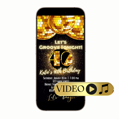 Editable Golden Groove Disco Video Invitation Template with disco, glam, glitter