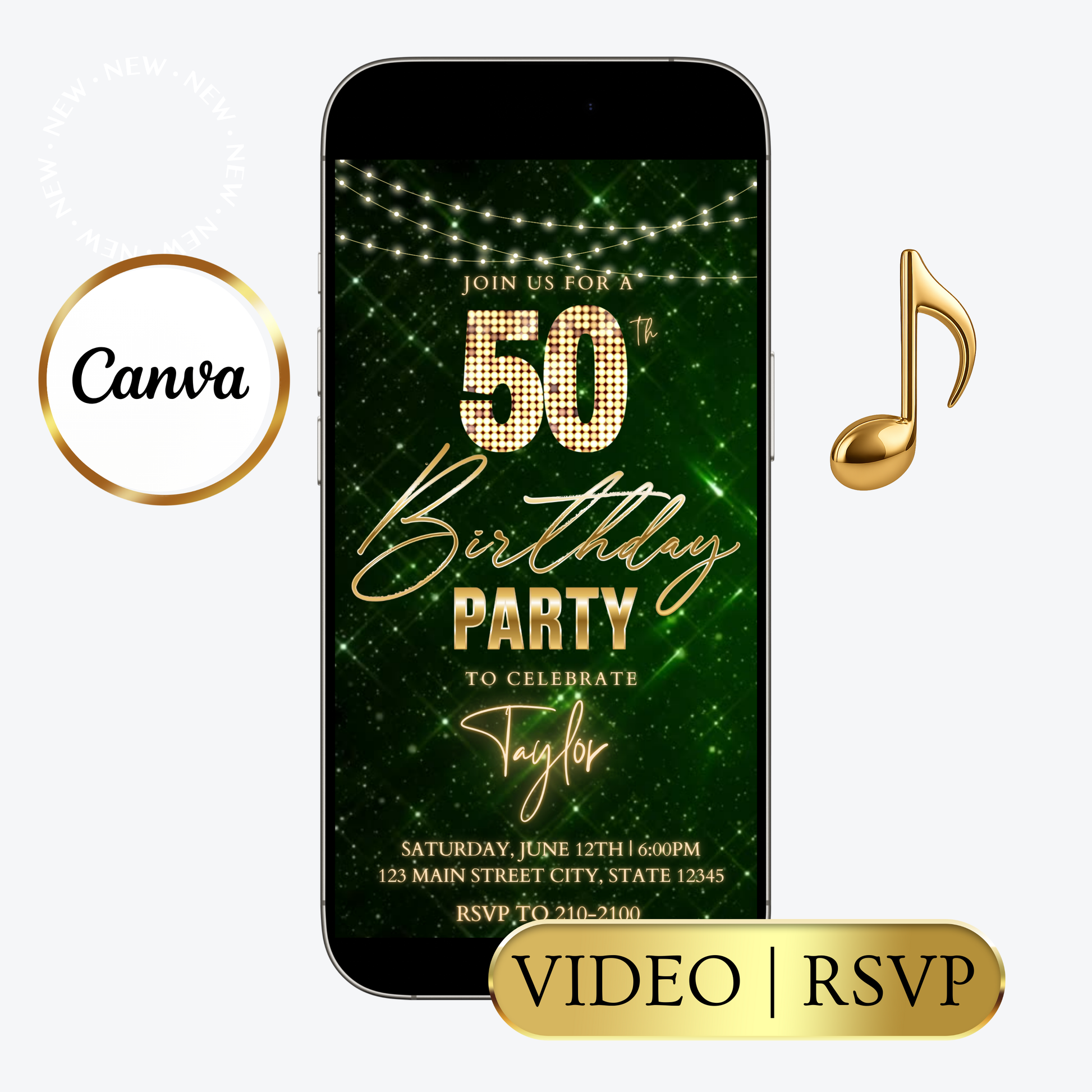 Editable burgundy gold luxury 50th birthday video invitation displayed on a mobile phone, featuring an animated vertical digital invite with music, created in Canva. This premium video invitation template is designed for sharing by text, email, and social media and works with an interactive RSVP website for easy guest response tracking.