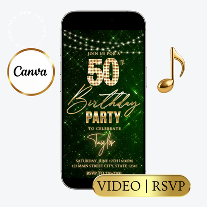 Editable burgundy gold luxury 50th birthday video invitation displayed on a mobile phone, featuring an animated vertical digital invite with music, created in Canva. This premium video invitation template is designed for sharing by text, email, and social media and works with an interactive RSVP website for easy guest response tracking.