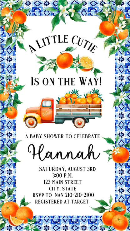 Editable little cutie lemon baby shower baby shower video invitation displayed on a mobile phone, featuring an animated vertical digital invite with music, created in Canva. This premium video invitation template is designed for sharing by text, email, and social media and works with an interactive RSVP website for easy guest response tracking.