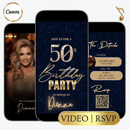 Editable blue shimmer 50th birthday video invitation displayed on a mobile phone, featuring an animated vertical digital invite with music, created in Canva. This premium video invitation template is designed for sharing by text, email, and social media and works with an interactive RSVP website for easy guest response tracking.