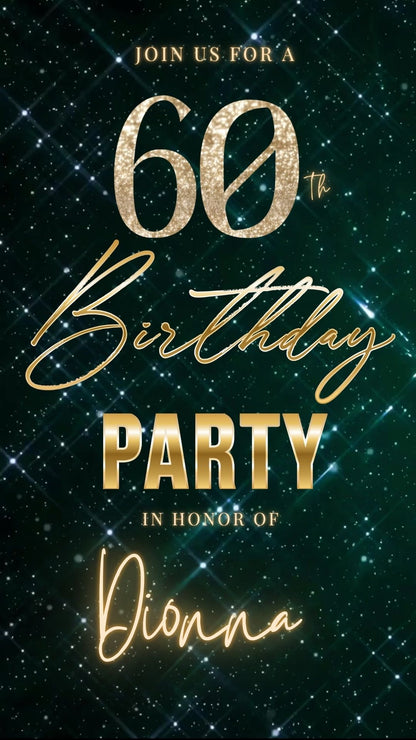 Editable teal glam 60th birthday birthday video invitation displayed on a mobile phone, featuring an animated vertical digital invite with music, created in Canva. This premium video invitation template is designed for sharing by text, email, and social media and works with an interactive RSVP website for easy guest response tracking.