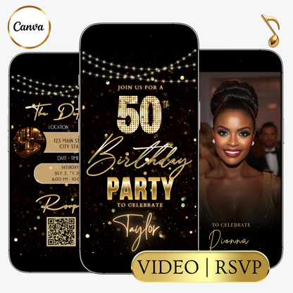 Editable black gold glitter lights 50th birthday video invitation displayed on a mobile phone, featuring an animated vertical digital invite with music, created in Canva. This premium video invitation template is designed for sharing by text, email, and social media and works with an interactive RSVP website for easy guest response tracking.