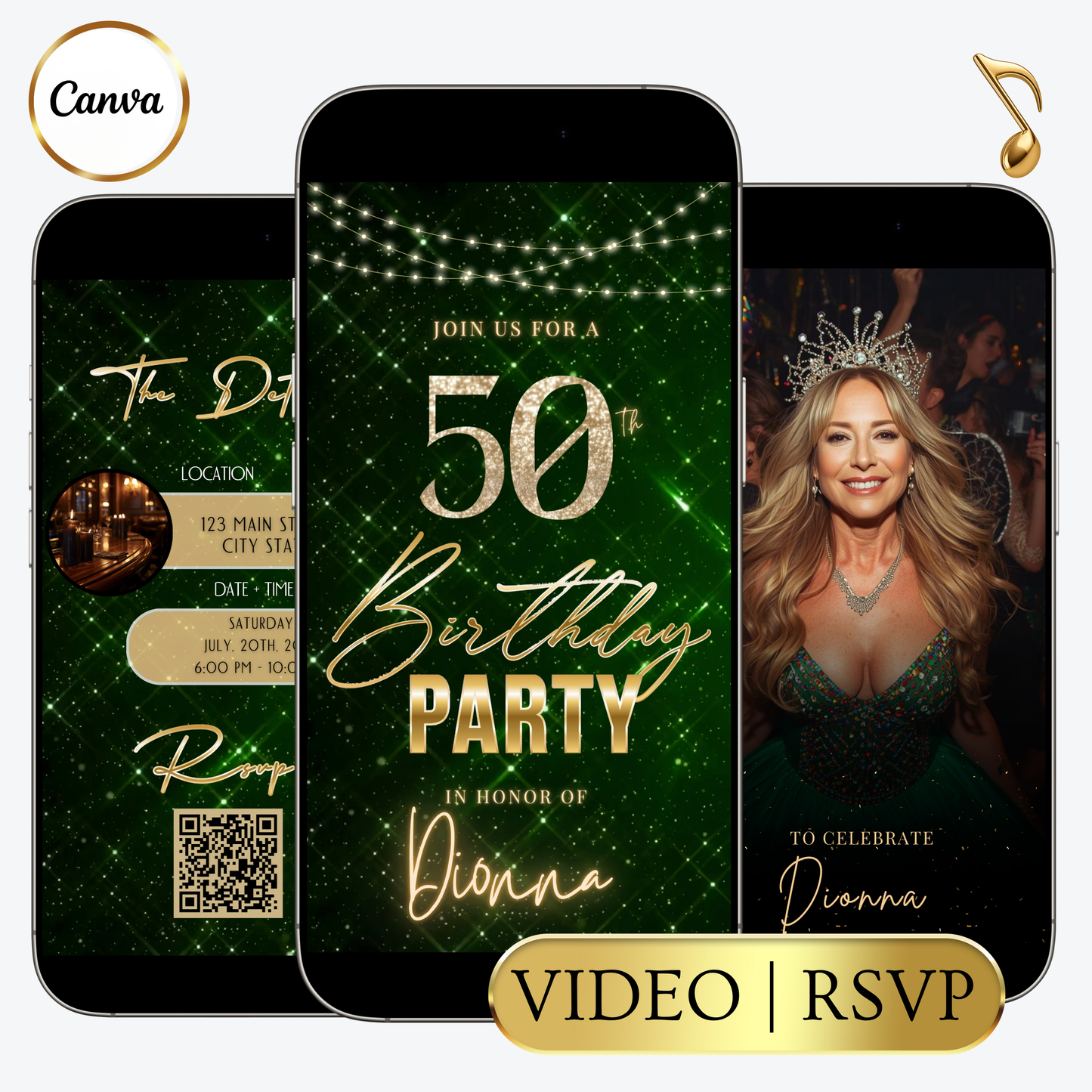 Editable emerald green sparkly 50th birthday video invitation displayed on a mobile phone, featuring an animated vertical digital invite with music, created in Canva. This premium video invitation template is designed for sharing by text, email, and social media and works with an interactive RSVP website for easy guest response tracking.