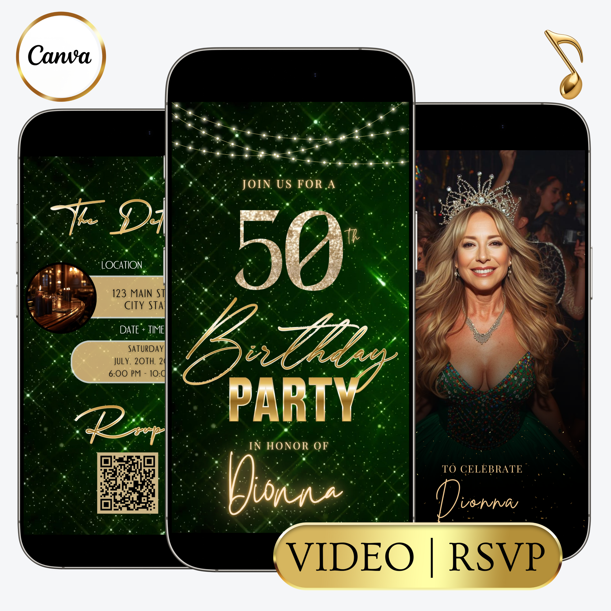 Editable emerald green sparkly 50th birthday video invitation displayed on a mobile phone, featuring an animated vertical digital invite with music, created in Canva. This premium video invitation template is designed for sharing by text, email, and social media and works with an interactive RSVP website for easy guest response tracking.