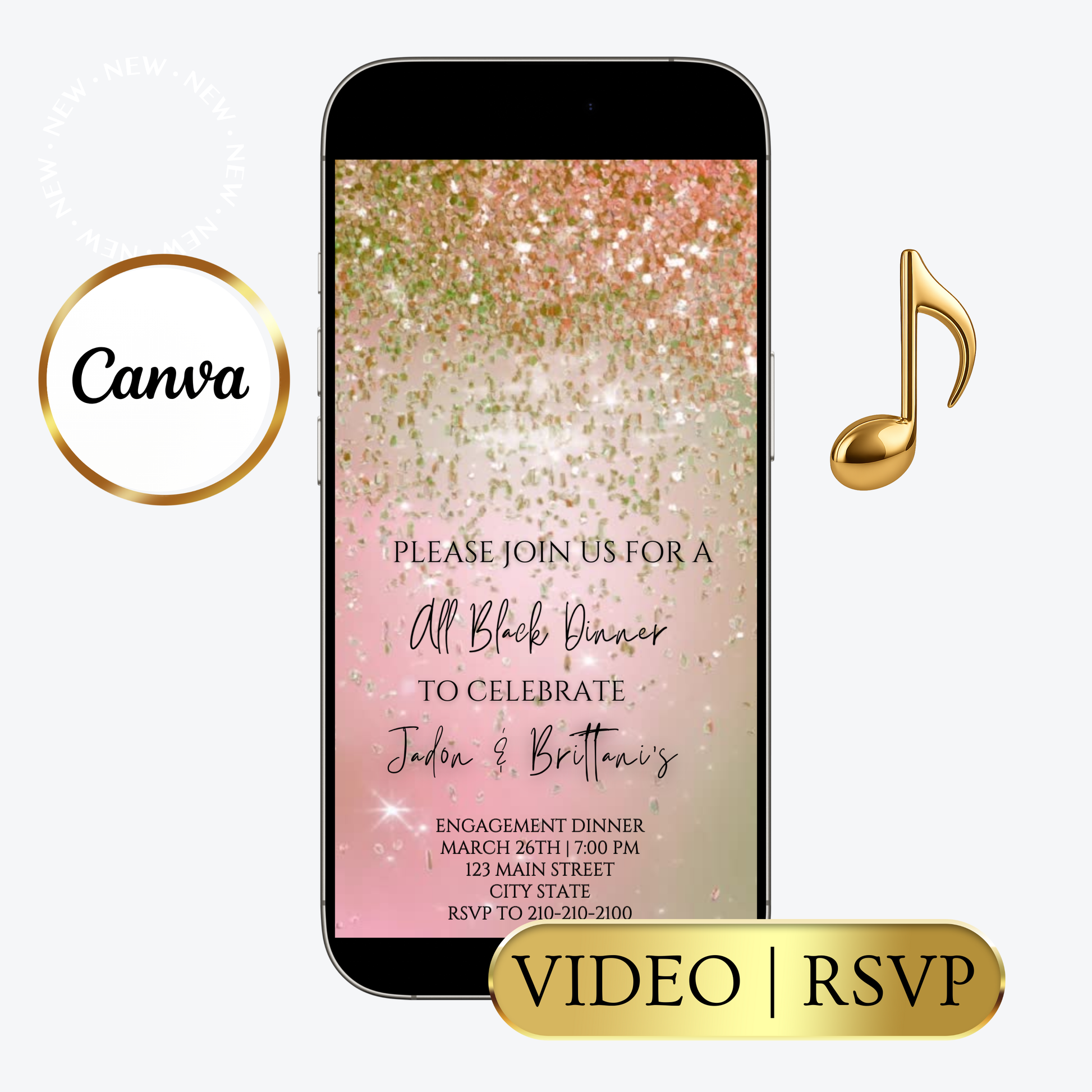 Editable pink gold watercolor glitter engagement dinner video invitation displayed on a mobile phone, featuring an animated vertical digital invite with music, created in Canva. This premium video invitation template is designed for sharing by text, email, and social media and works with an interactive RSVP website for easy guest response tracking.