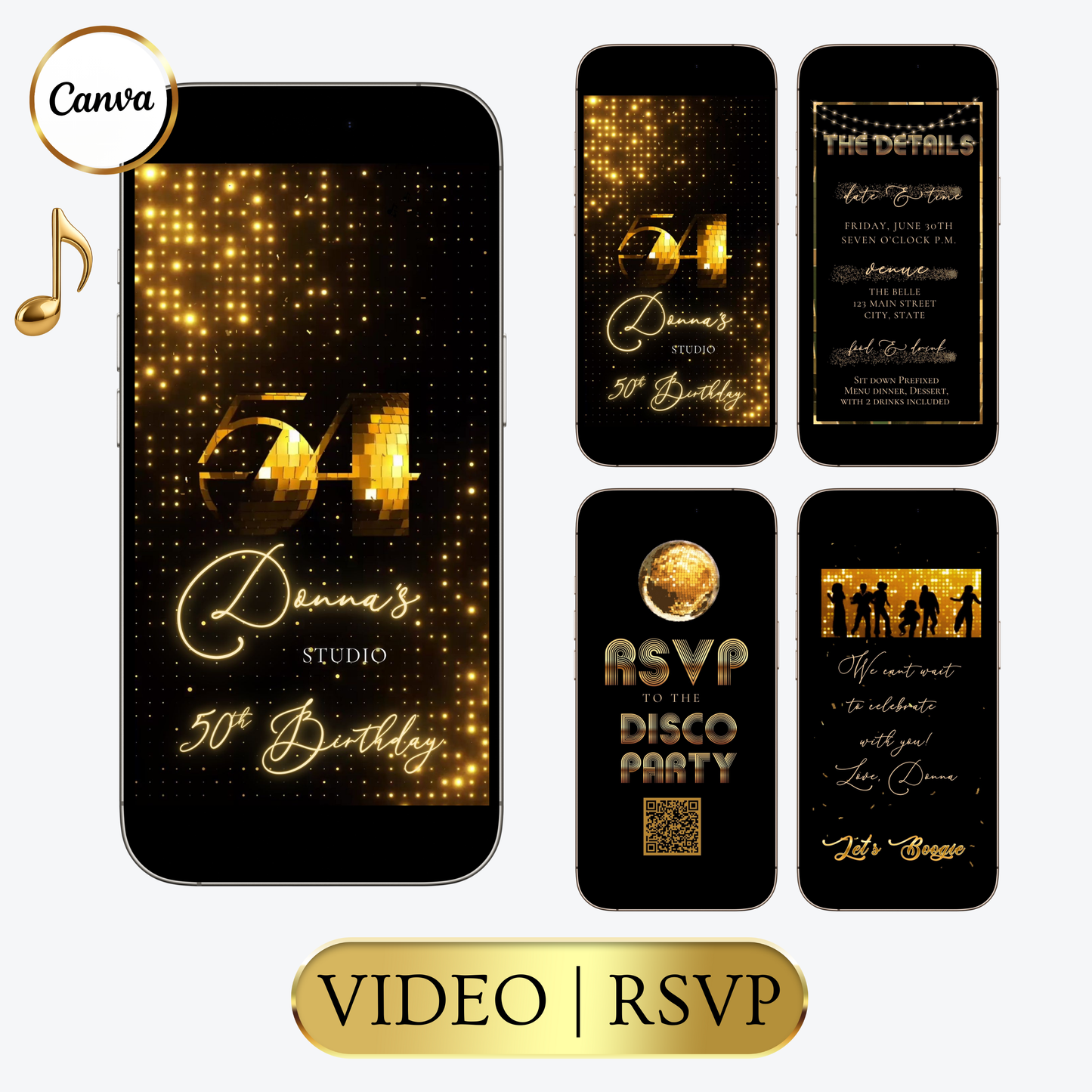 Editable gold disco studio 50th birthday video invitation displayed on a mobile phone, featuring an animated vertical digital invite with music, created in Canva. This premium video invitation template is designed for sharing by text, email, and social media and works with an interactive RSVP website for easy guest response tracking.