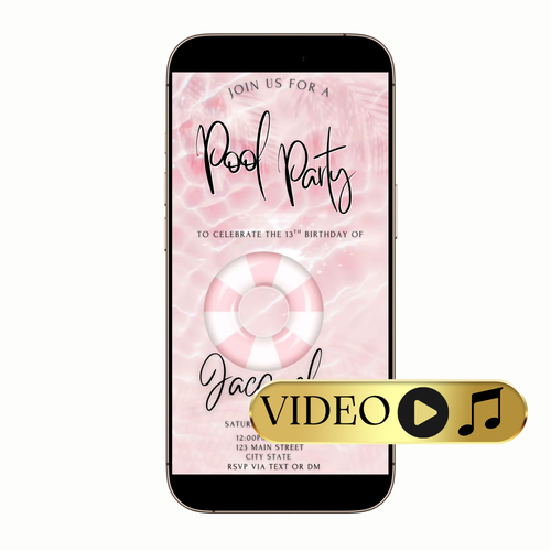 Pool birthday party video invitation with colorful summer graphics