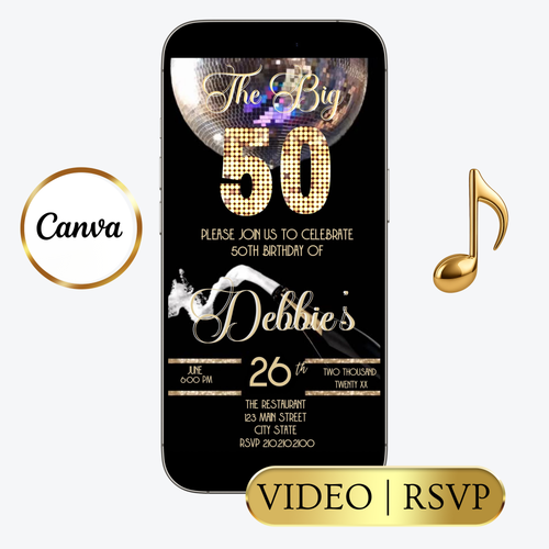 Editable black gold disco champagne 50th birthday video invitation displayed on a mobile phone, featuring an animated vertical digital invite with music, created in Canva. This premium video invitation template is designed for sharing by text, email, and social media and works with an interactive RSVP website for easy guest response tracking.