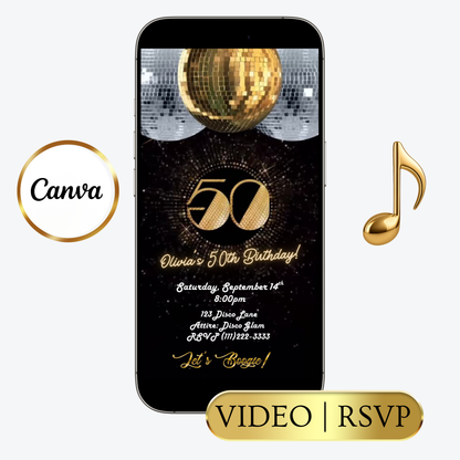 Editable gold disco 50th birthday video invitation displayed on a mobile phone, featuring an animated vertical digital invite with music, created in Canva. This premium video invitation template is designed for sharing by text, email, and social media and works with an interactive RSVP website for easy guest response tracking.