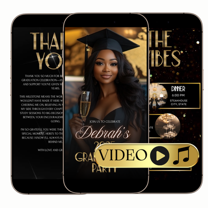 Editable Chic Black & Gold Graduation Party Video Invitation Template