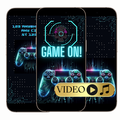 Gaming party video invitation digital neon controller