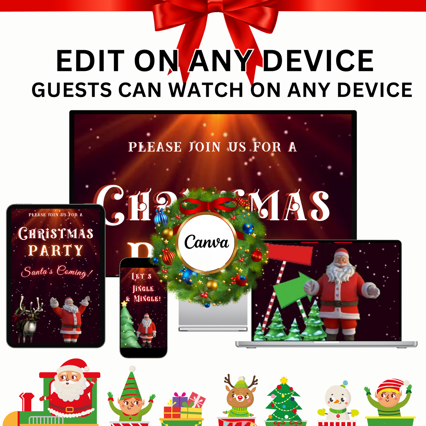 Dancing Santa and Reindeer Christmas Party Video Invitation – Editable Canva Santa Evite