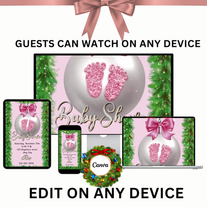 Girl Baby Shower Christmas Party Video Invitation – Editable Pink Footprints Ornaments Evite