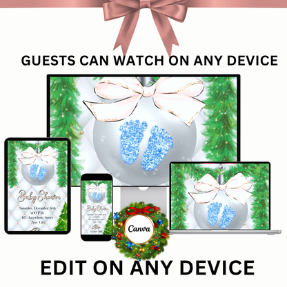 Boy Baby Shower Christmas Party Video Invitation – Editable Baby Blue Footprints Holiday Evite