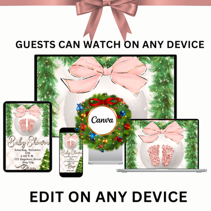 Girl Baby Shower Christmas Party Video Invitation – Editable Baby Girl Pink Ornaments Evite