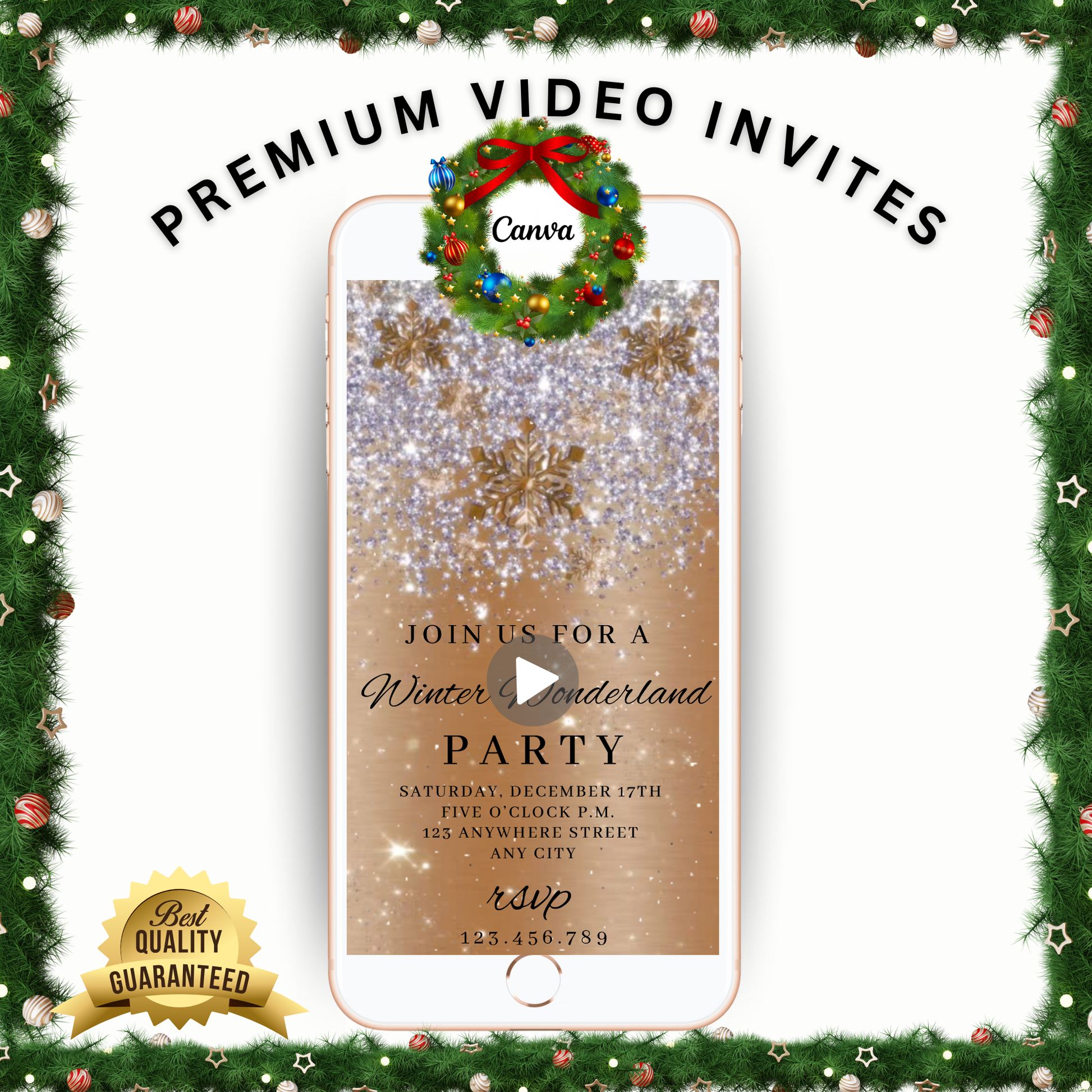 Digital Christmas video invite Canva template – editable holiday evite with animation and music. Mobile phone–friendly MP4, instant download for quick use. Perfect for holiday parties, family dinners, corporate events, or virtual gatherings. Easily customize with names, dates, and event info. Share online instantly for a professional and festive holiday celebration.