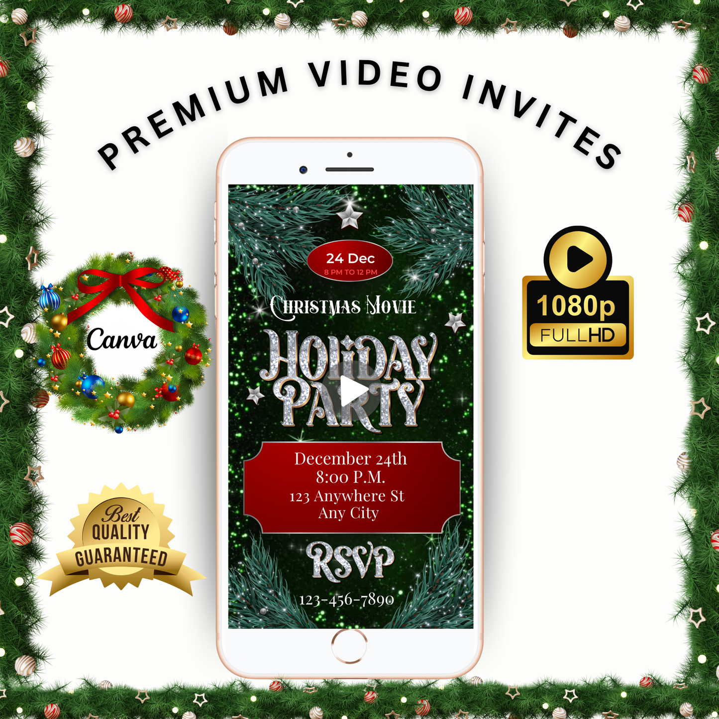 Christmas Glitter Video Invitation – Editable Elegant Green Christmas Evite