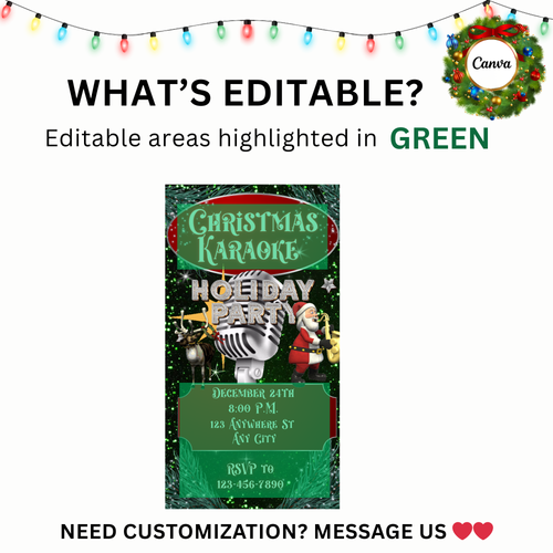 Editable Christmas Karaoke video invitation featuring Santa with a saxophone, reindeer, a vintage microphone, and sparkling green holiday background. Perfect for karaoke-themed holiday parties, office Christmas events, or family gatherings. Mobile-friendly Canva template in 1080x1920 vertical format with music, customizable text, and instant digital download for easy sharing.