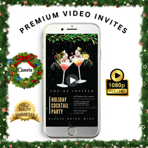 Christmas Video Invitation | Cocktail Animated Invite | Editable Holiday Party Mobile Evite