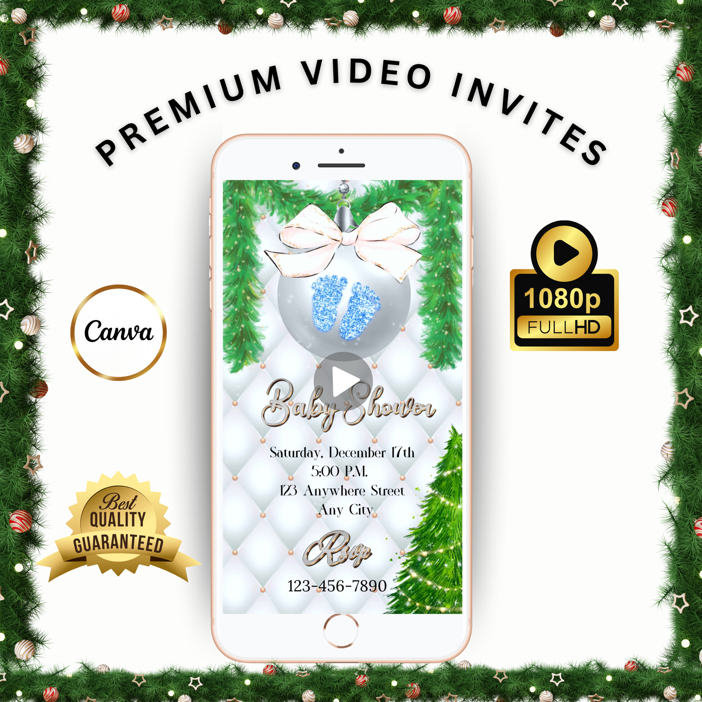 Boy Baby Shower Christmas Party Video Invitation – Editable Baby Blue Footprints Holiday Evite