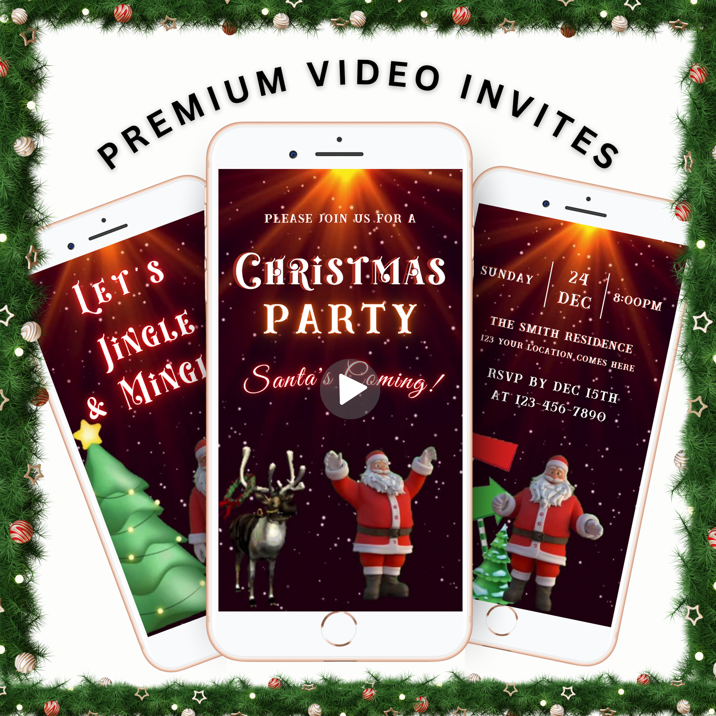 Dancing Santa and Reindeer Christmas Party Video Invitation – Editable Canva Santa Evite