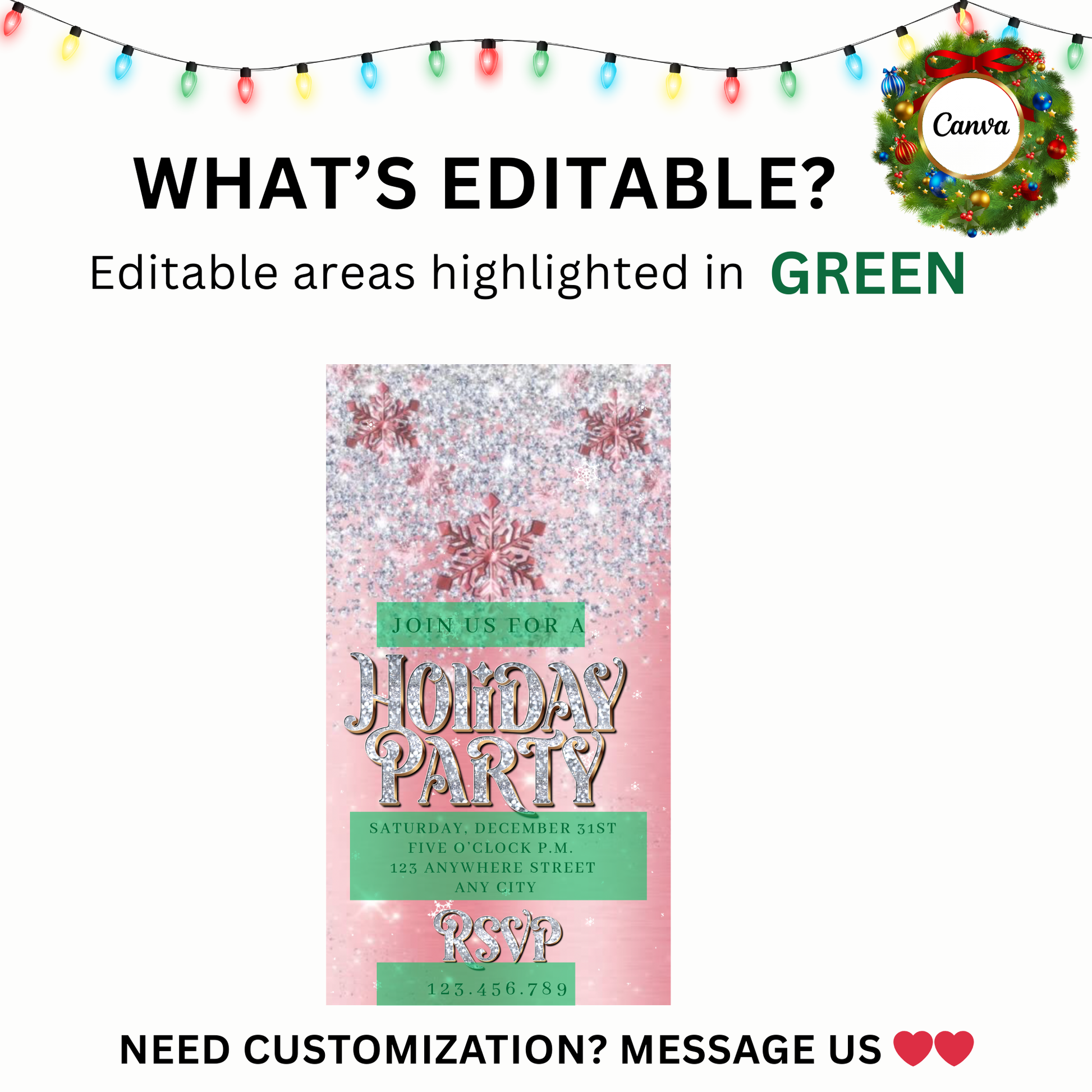 Editable Pink Holiday Party video invitation featuring sparkling silver glitter, elegant snowflakes, and a glamorous pink background. Perfect for Christmas gatherings, office parties, or New Year’s Eve celebrations. Mobile-friendly 1080x1920 Canva template with music, customizable text, and instant digital download. Easy to share via text, email, WhatsApp, or social media.