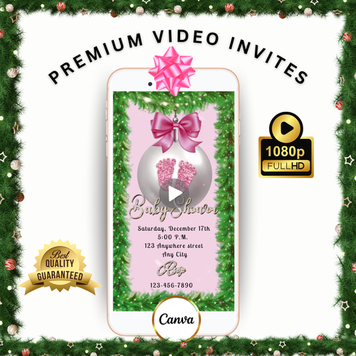 Girl Baby Shower Christmas Party Video Invitation | Editable Pink Footprints Ornaments Evite