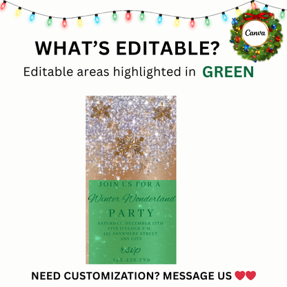 Winter Wonderland party invitation with editable areas highlighted, Canva logo visible.