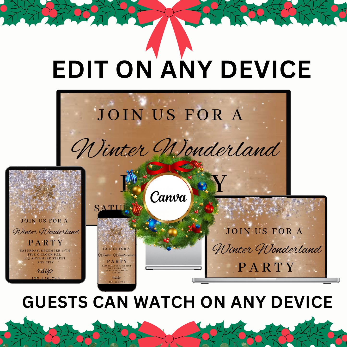 Digital Christmas video invite Canva template – editable holiday evite with animation and music. Mobile phone–friendly MP4, instant download for quick use. Perfect for holiday parties, family dinners, corporate events, or virtual gatherings. Easily customize with names, dates, and event info. Share online instantly for a professional and festive holiday celebration.