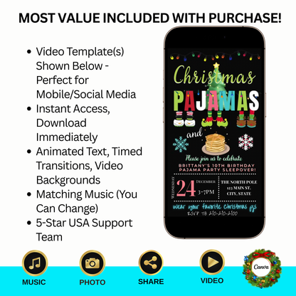 Christmas Pajama Party Video Invitation – Editable Pjs and Pancakes Evite