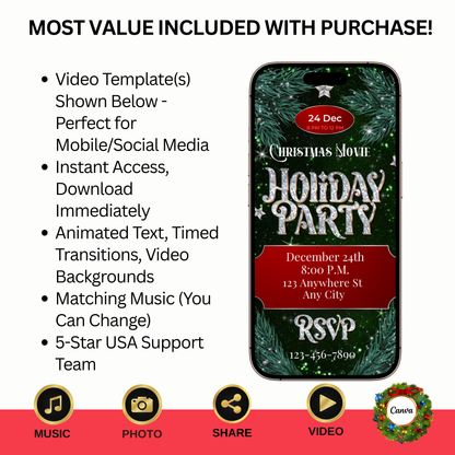 Christmas Glitter Video Invitation – Editable Elegant Green Christmas Evite