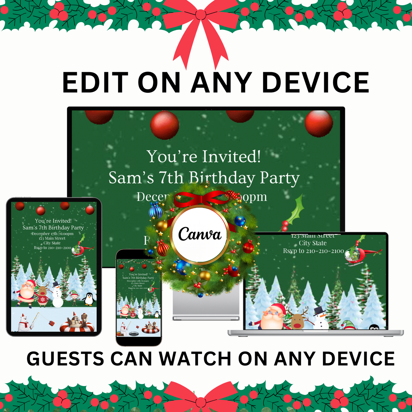 Santa Christmas Party Video Invitation – Editable Canva Holiday Evite with Music