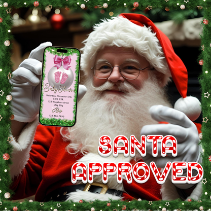 Girl Baby Shower Christmas Party Video Invitation – Editable Pink Footprints Ornaments Evite