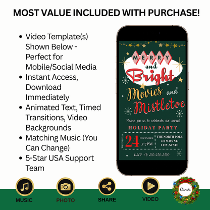 Retro Christmas Party Video Invitation – Editable Christmas Movie Evite