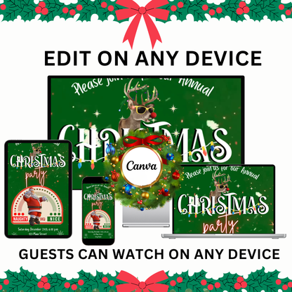 Dancing Santa Christmas Party Video Invitation – Editable Canva Holiday Evite with Music