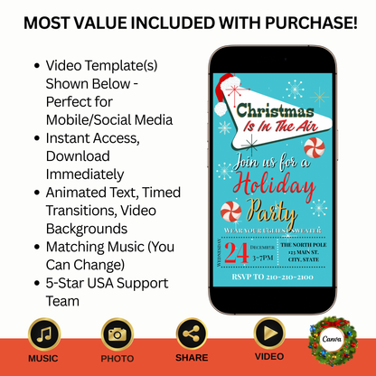 Retro Christmas Party Video Invitation – Editable Turquoise Christmas Evite