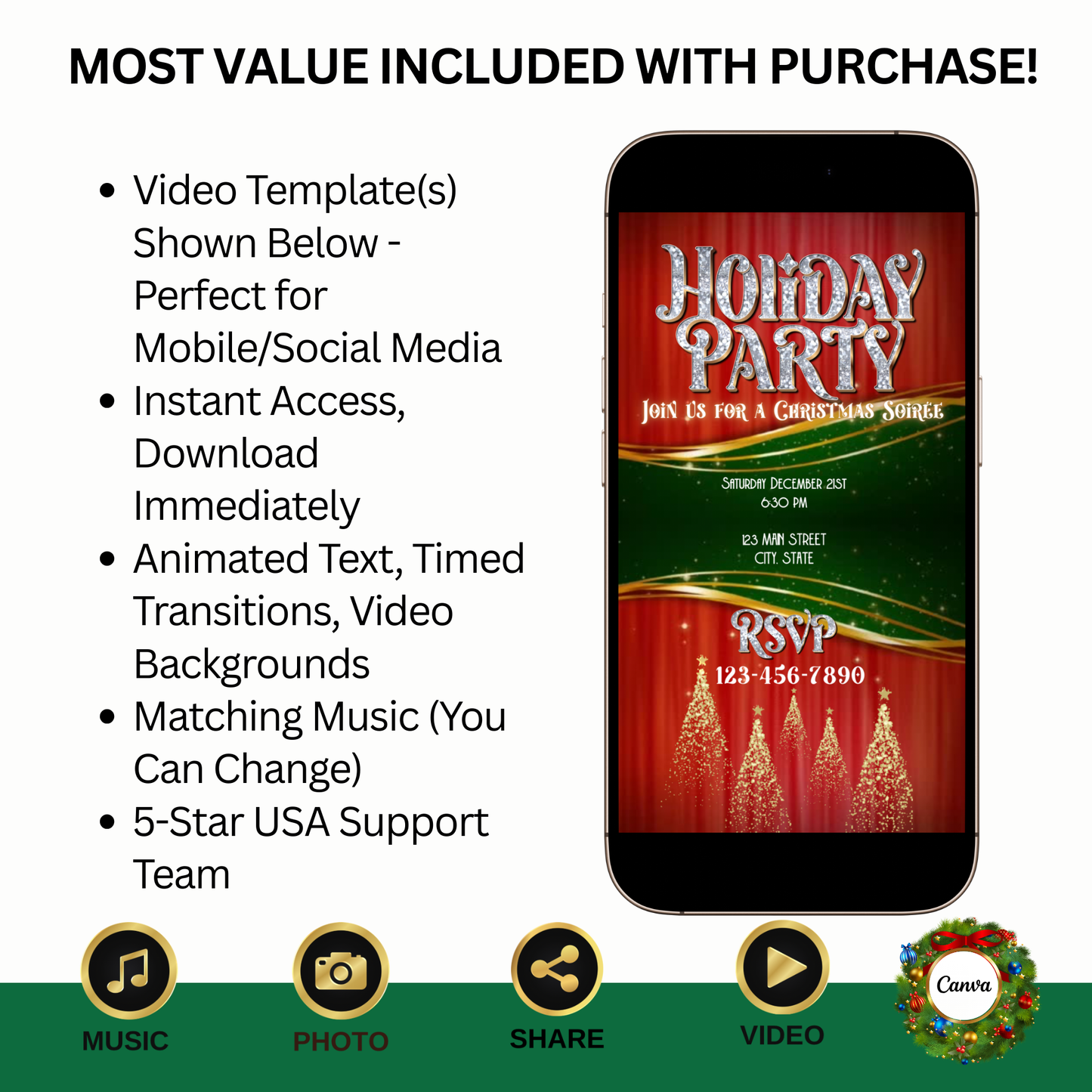 Christmas Glitter Video Invitation – Editable Elegant Christmas Evite