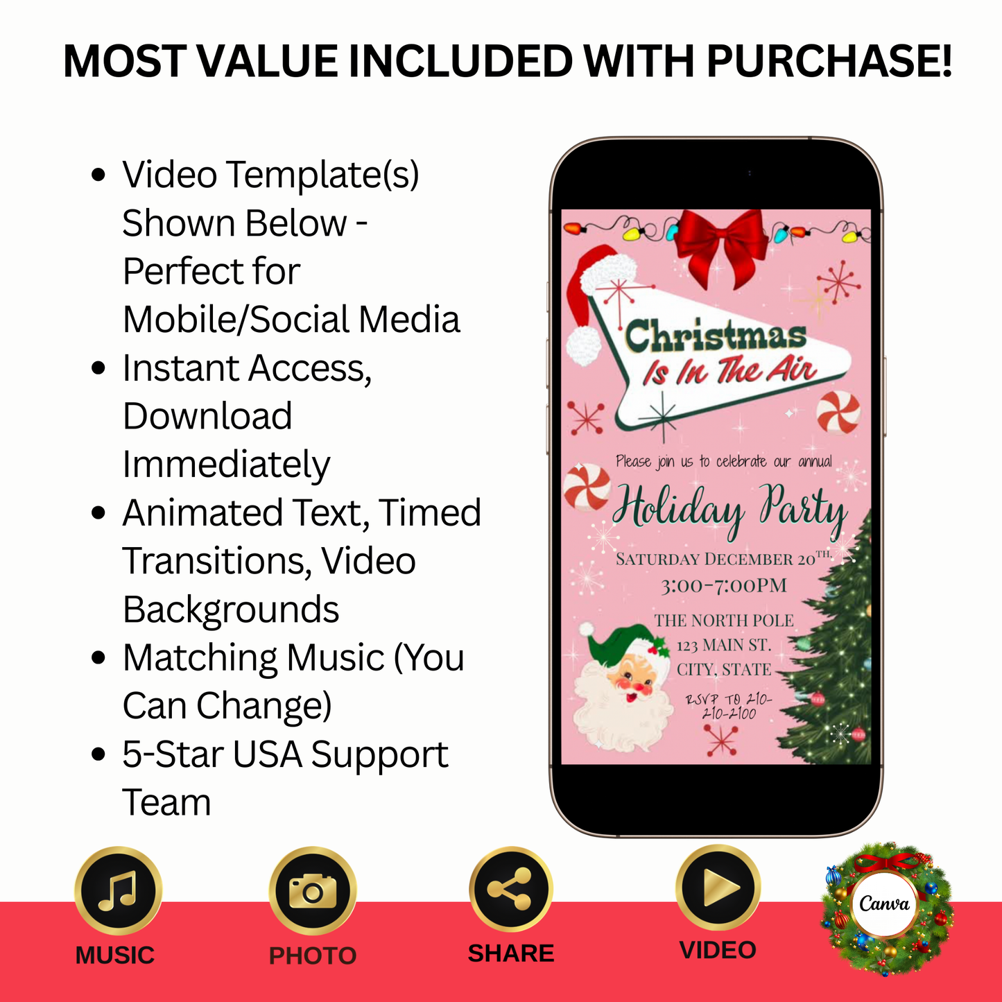 Pink Retro Christmas Party Video Invitation – Editable Pink Christmas Evite