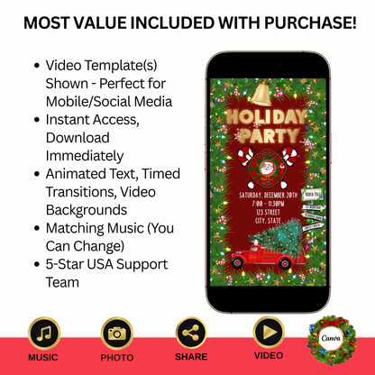 Dancing Santa and Reindeer Christmas Party Video Invitation – Editable Canva Santa Evite