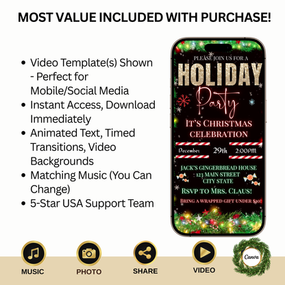 Christmas Party Video Invitation – Editable Canva Holiday Evite with Music