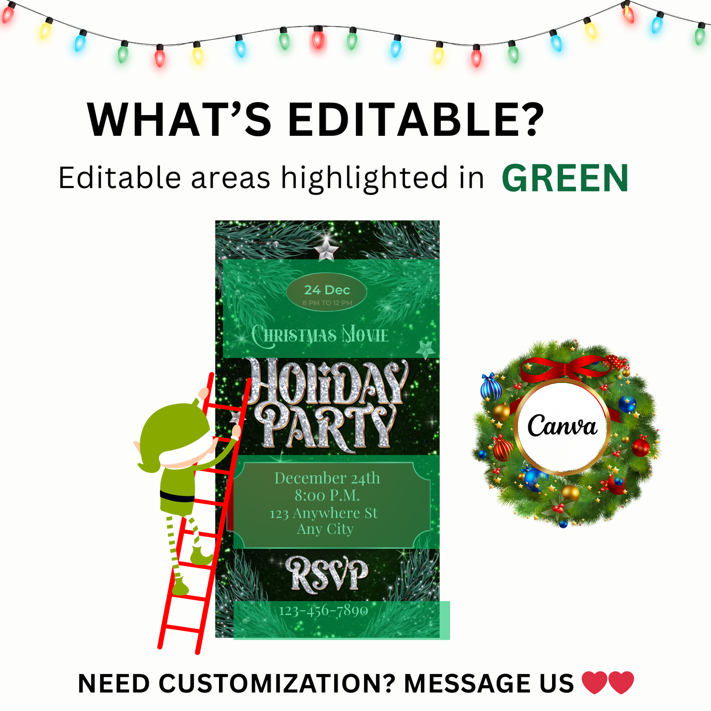 Christmas Glitter Video Invitation – Editable Elegant Green Christmas Evite