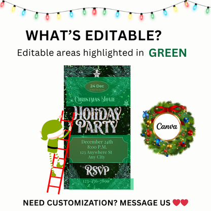 Christmas Glitter Video Invitation – Editable Elegant Green Christmas Evite