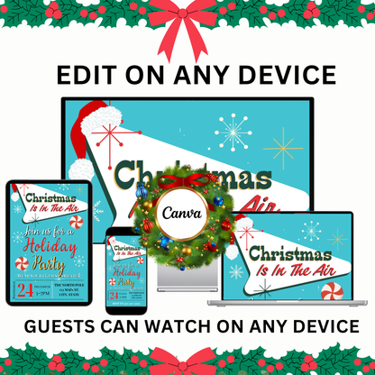 Retro Christmas Party Video Invitation – Editable Turquoise Christmas Evite