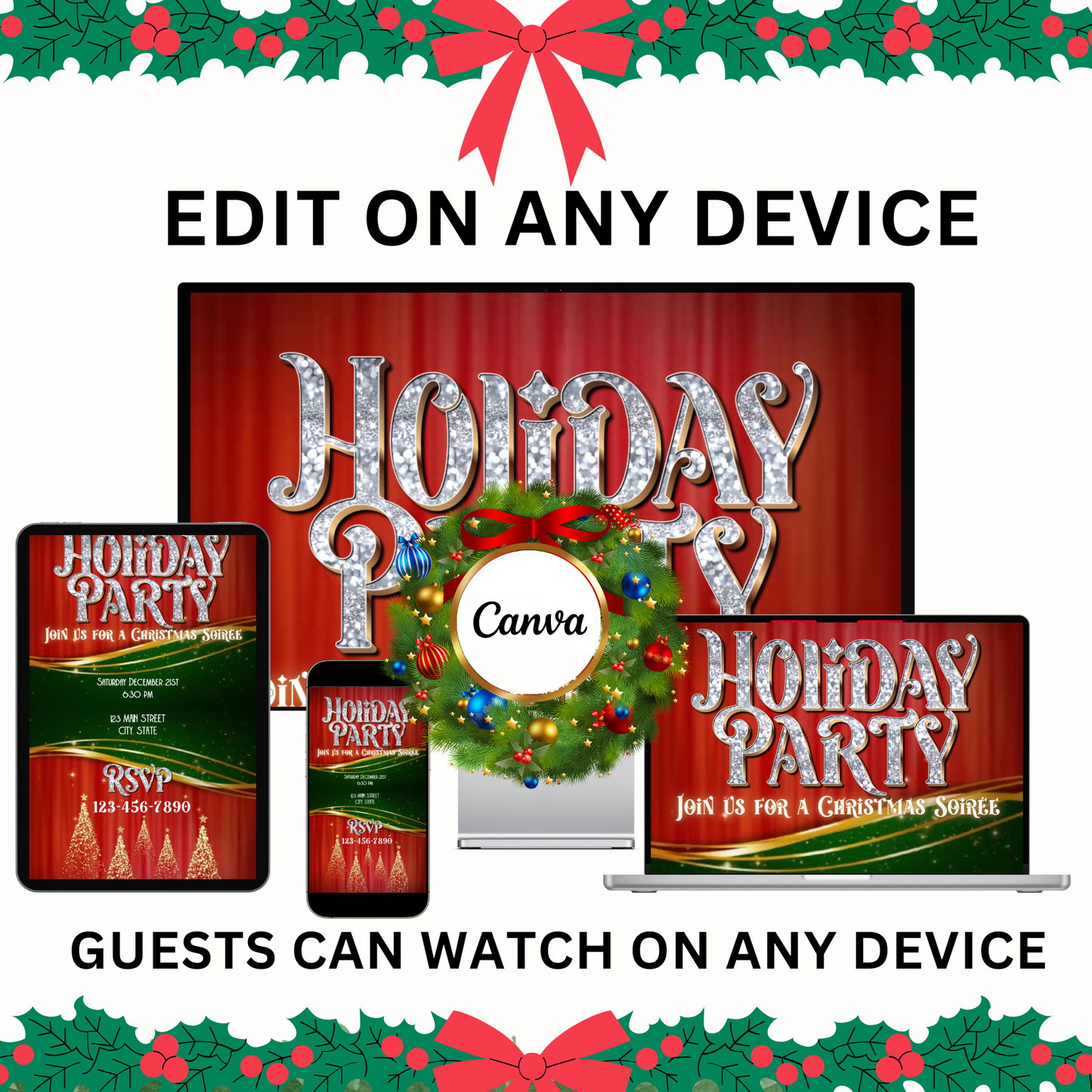 Christmas Glitter Video Invitation – Editable Elegant Christmas Evite